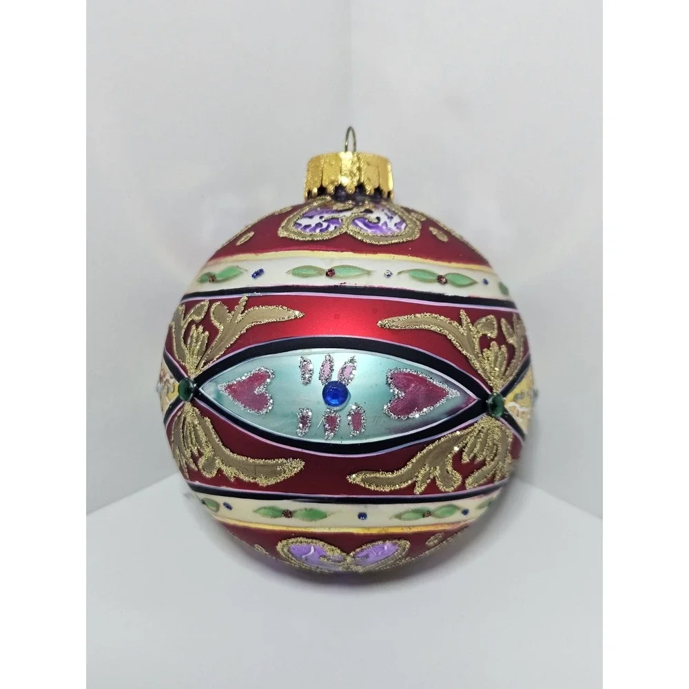 Set of 2 Polish Blown Glass Christmas Ornaments Red Ball Purple Bell Glitter Vtg